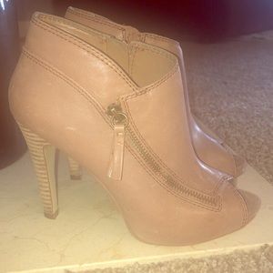 Tan leather open toe booties
